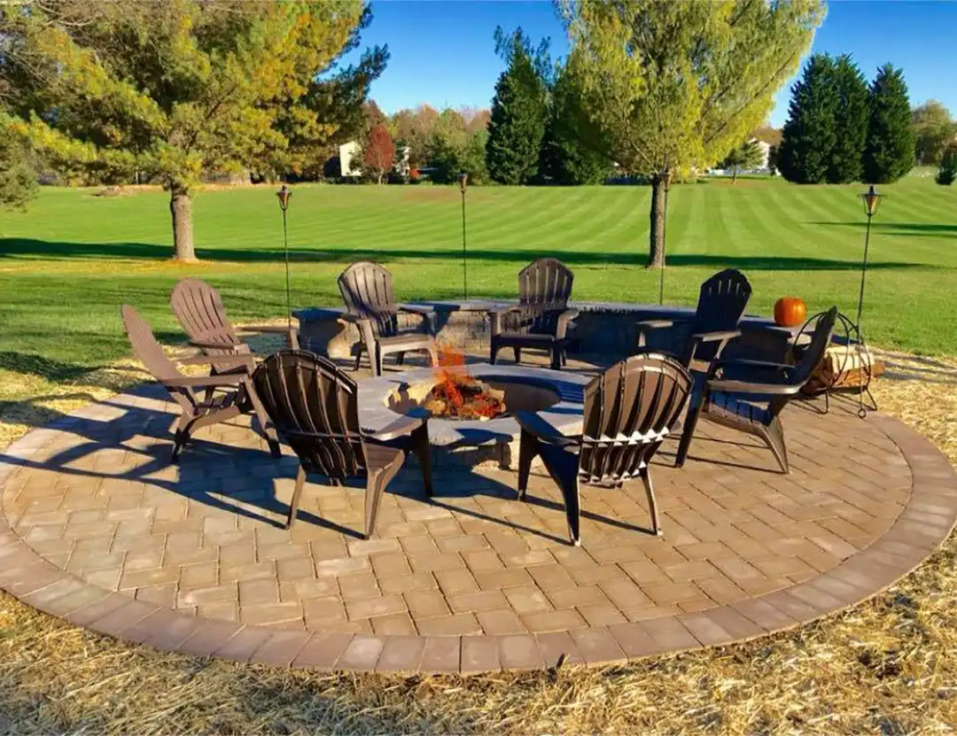 Photo of brick pavers with fire pit.