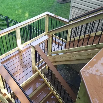 Photo of steps leading down from an elevated multi-level deck