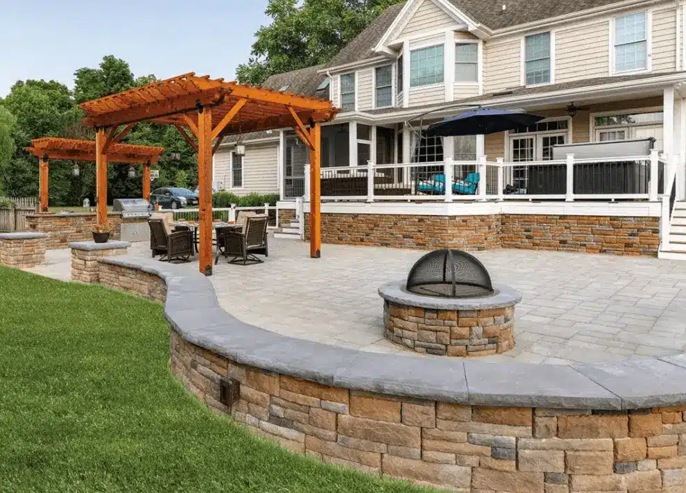 Expansive porch with hot tub and stone features - porch design ideas