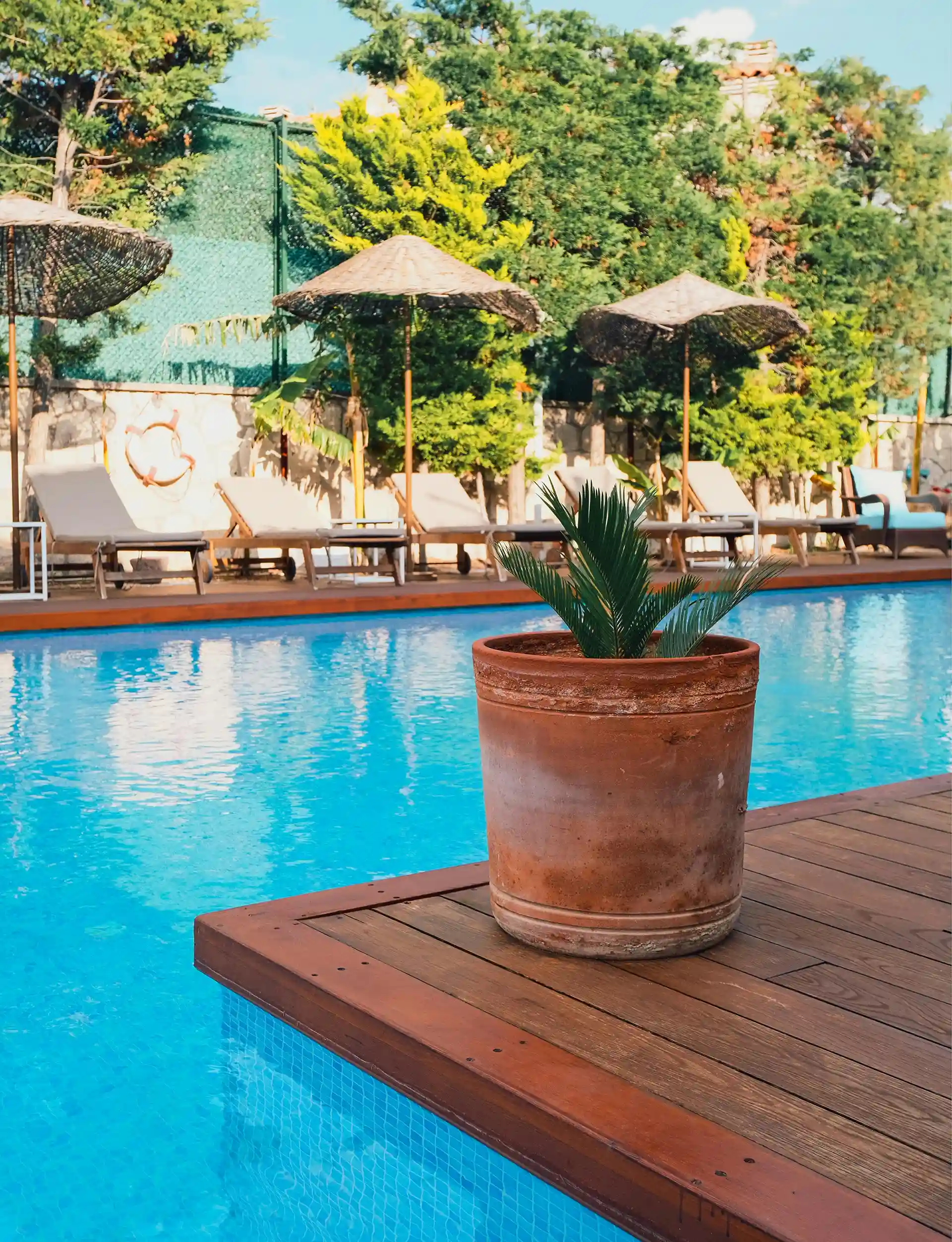 Custom pressure-treated wood pool deck with railing and stairs surrounding an above-ground swimming pool. 